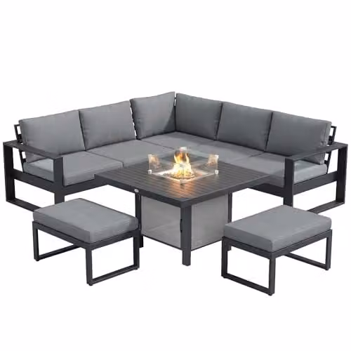 Outsunny 6-Piece Grey Powder Coated Aluminium Garden Furniture Set with L-Shape Corner Sofa, 2-Seater Sofa, Ottoman and Fire Pit Coffee Table – 6
