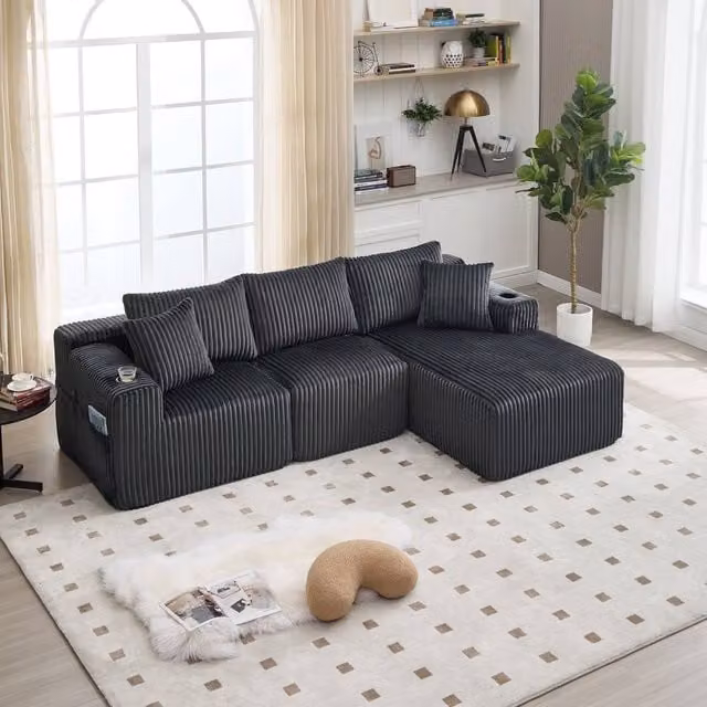 Direct Wicker L-Shaped Modular Sectional Sofa in Grey with Reversible Upholstered Seating and Scatter Cushions