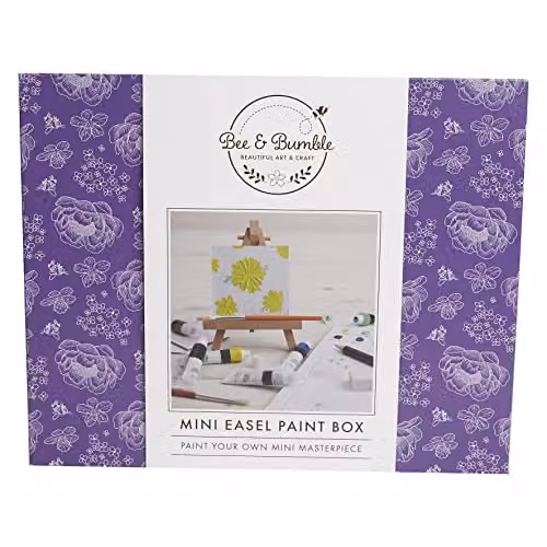 Bee & Bumble DIY Mini Easel Paint Box Craft Kit with 3 Canvases, Easels, 5ml Acrylic Paints, Brushes, A5 Acrylic Pad, Tote, Eraser, Sharpener and Pencil