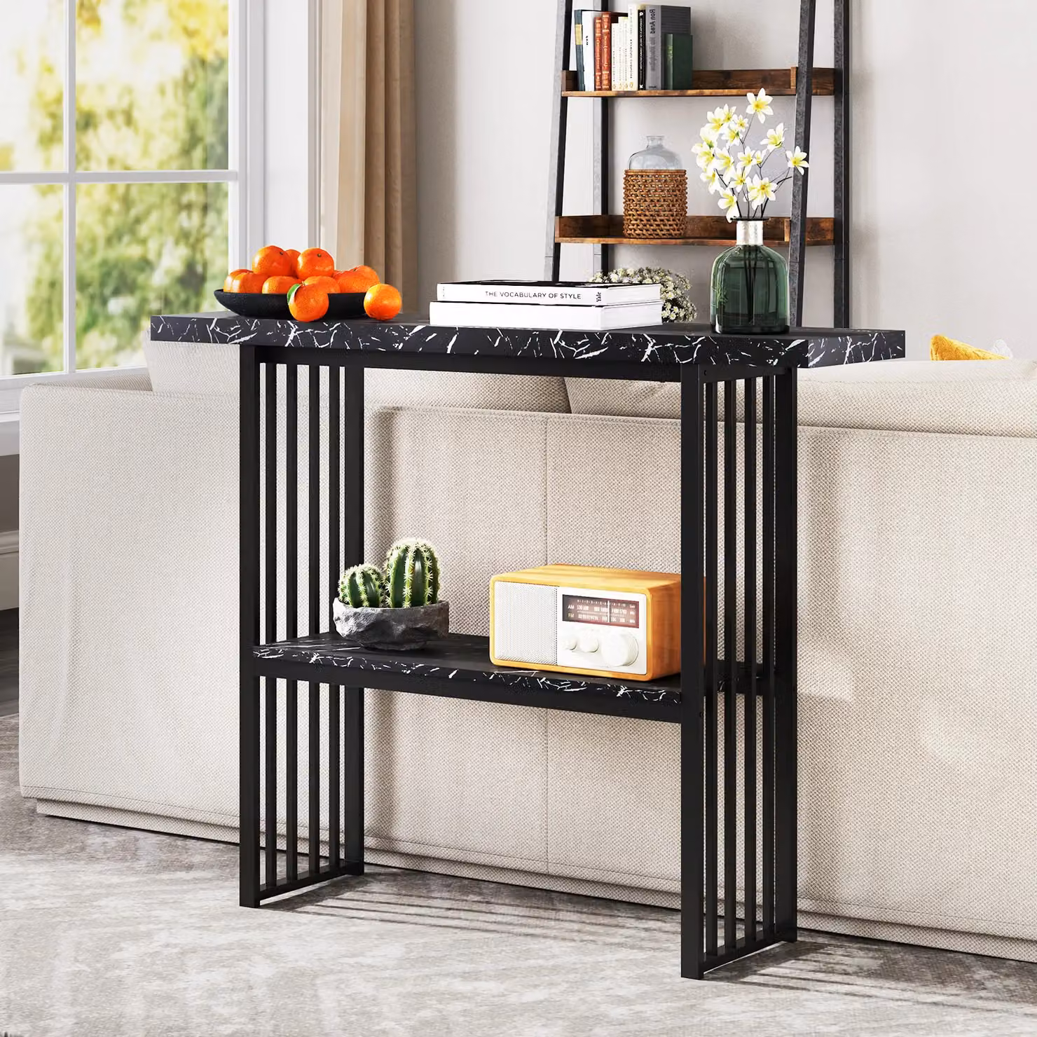 Gymax 2-Tier Modern Console Table with Faux Marble Top and Open Shelf in Black – 6