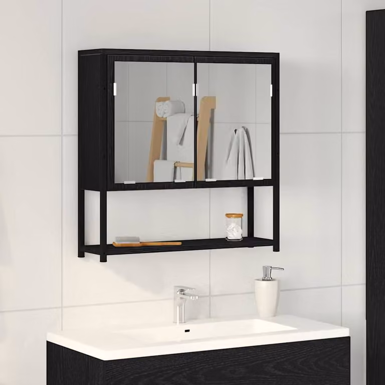 Berkfield Home Modern Black Oak Bathroom Mirror Cabinet with Hinged Doors W/D/H: 60 x 16 x 60 cm