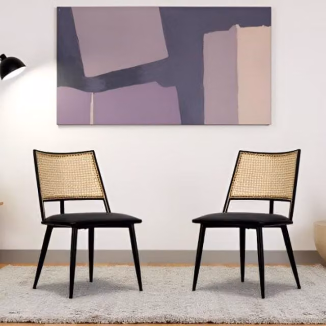 FURNITURE ONE Mid-Century Dining Chairs Set of 2, Black Fabric and Rattan Upholstered Kitchen Chairs with Metal Frame – 1