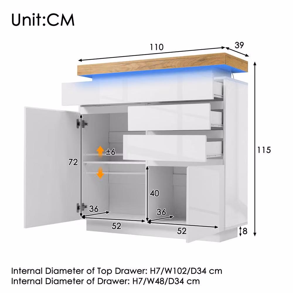ModernLuxe High Gloss White Sideboard with 2 Doors, 3 Drawers and Integrated LED Lighting, W/D/H: 115 x 39 x 110 cm – 2