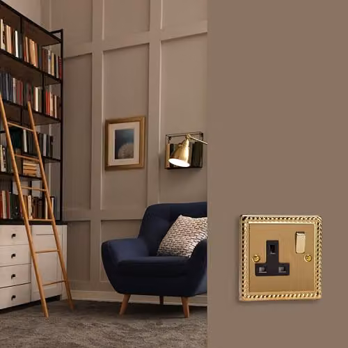 Varilight Classic Georgian Brass Single Switched UK Plug Socket with Brass and Black Insert – 2