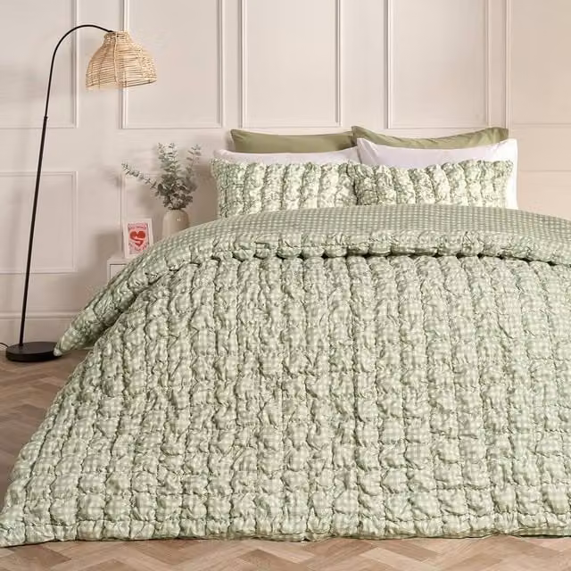 OHS Green Gingham Seersucker Duvet Cover and Pillowcase Set, Super King, W: 200 cm x H: 200 cm