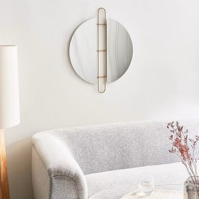 Wyld and Coco Glamour Gold Round Wall Mirror with Glossy Iron Frame, Diameter: 52 cm