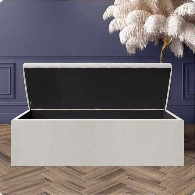 R&M Furnishers Cream Plush Velvet Striped Upholstered Blanket Chest and End of Bed Bench