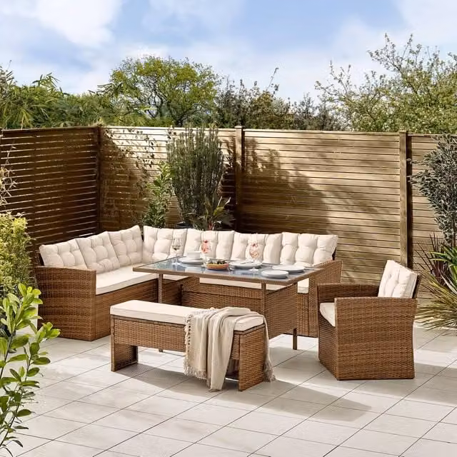 FurnitureboxUK Marbella 9-Seat Grey Rattan Garden Dining Set with Grey Cushions and Beige Glass Top W/D/H: 176 x 145 x 66 cm