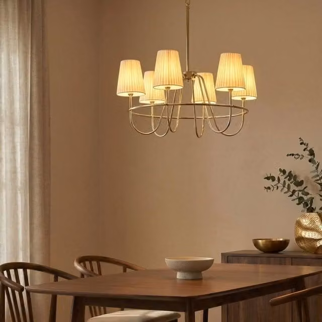Wyld and Coco Six-Light Gold Pendant Chandelier with White Fabric Shades