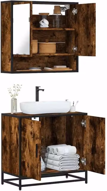 Berkfield Home 2 Piece Industrial Bathroom Furniture Set with Vanity Unit and Mirror Cabinet in Smoked Oak Brown – 1