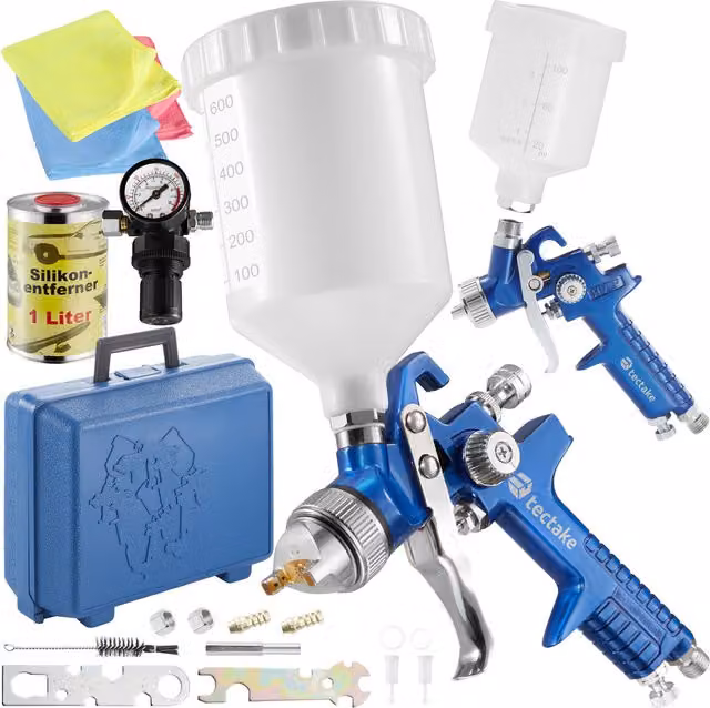 TECTAKE HVLP Paint Spray Gun Set of 2 in Blue with 1.0 mm and 1.7 mm Nozzles, Cloths and Case Included