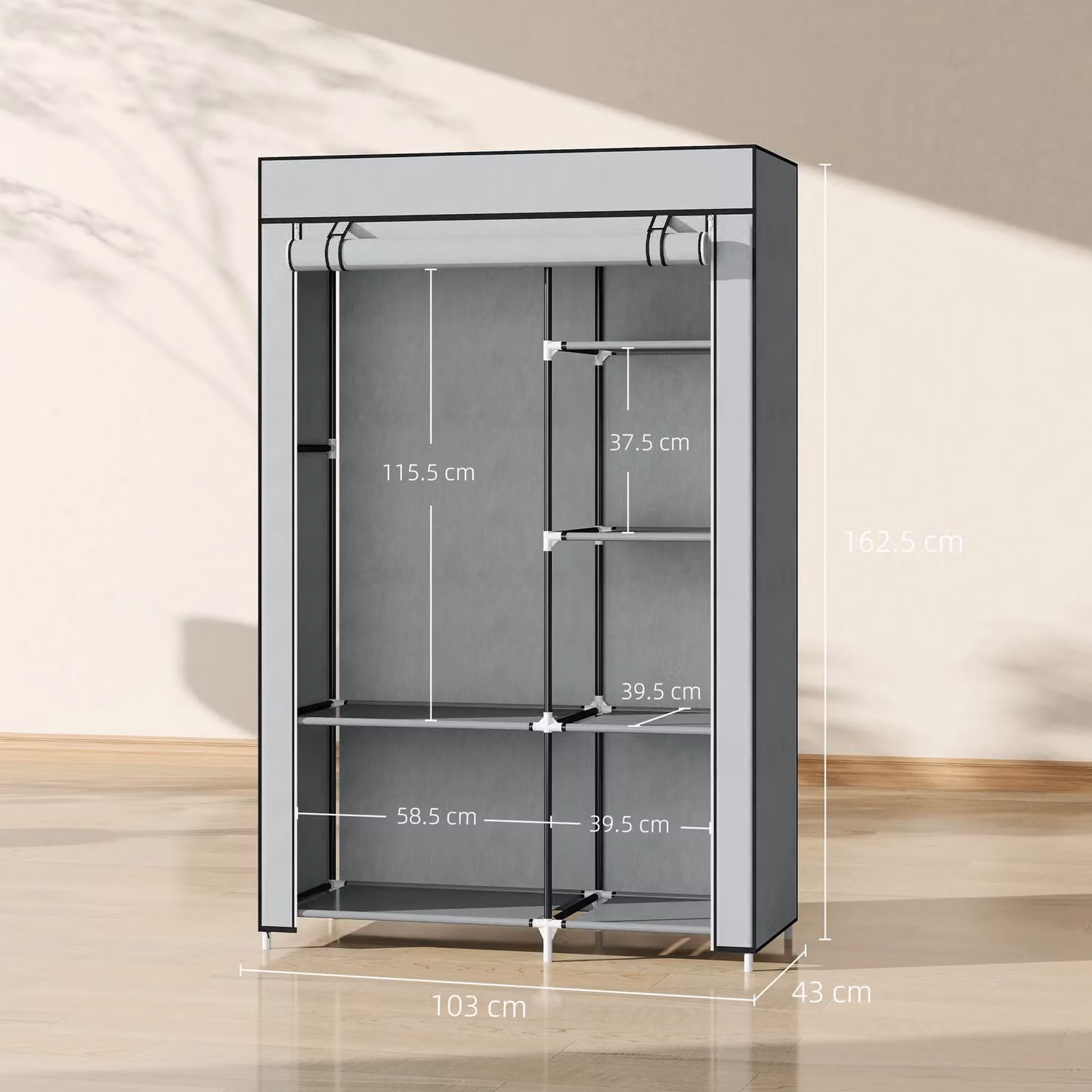 HOMCOM Modern Portable Fabric Wardrobe with Hanging Rail and Shelves, Grey, H 162.5 x W 103.0 cm – 4