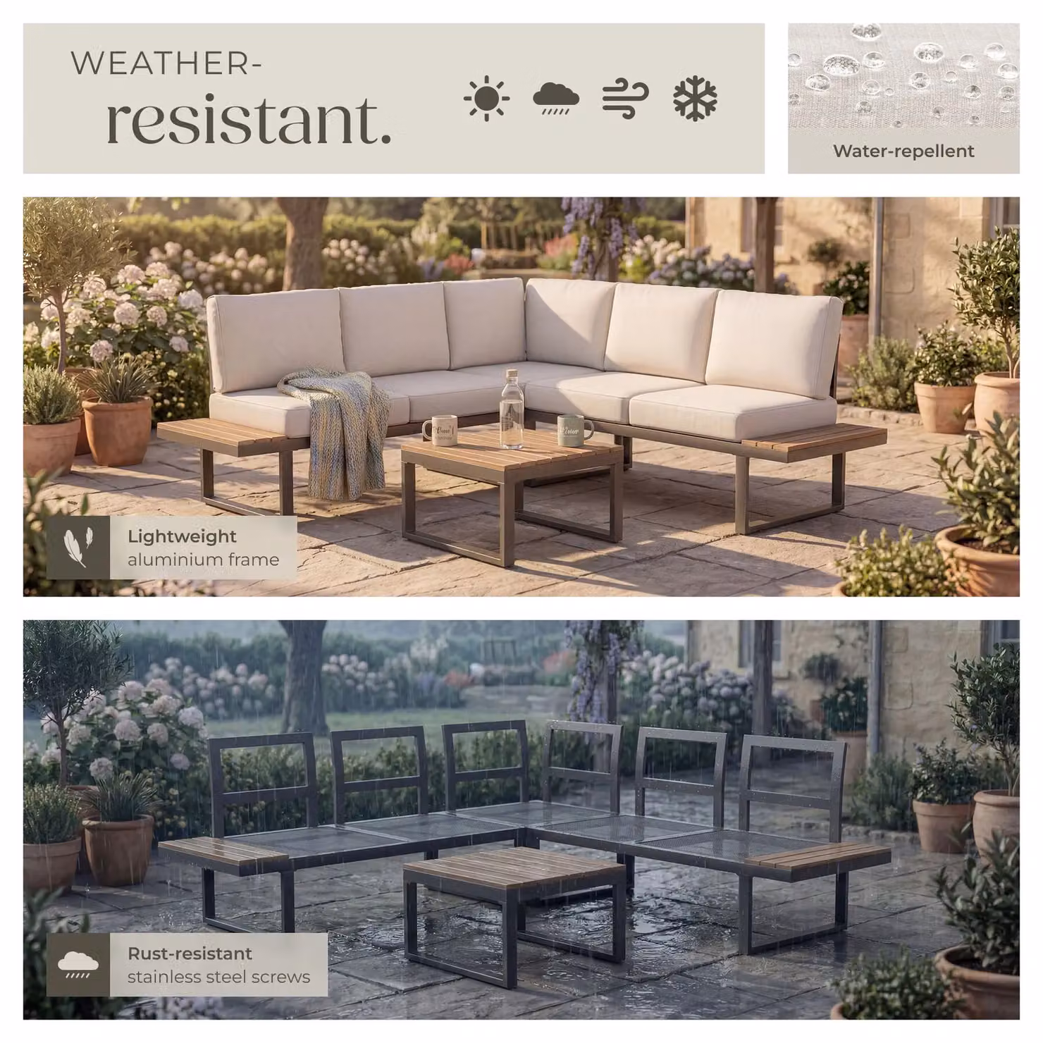 tectake Eliar 4-Piece L-Shape Garden Lounge Set with Black Powder Coated Aluminium Frame and Upholstered Cushions – 5