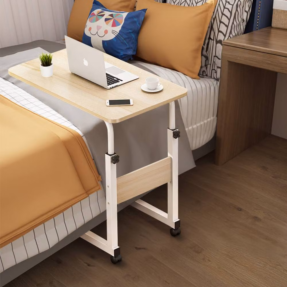 Living and Home Height Adjustable Mobile Overbed Desk with Wheels in Beige – 3