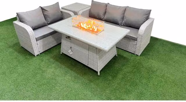 Fimous 5-Seater PE Rattan Garden Sofa Set with Firepit Dining Table in Light Grey with Dark Grey Fabric