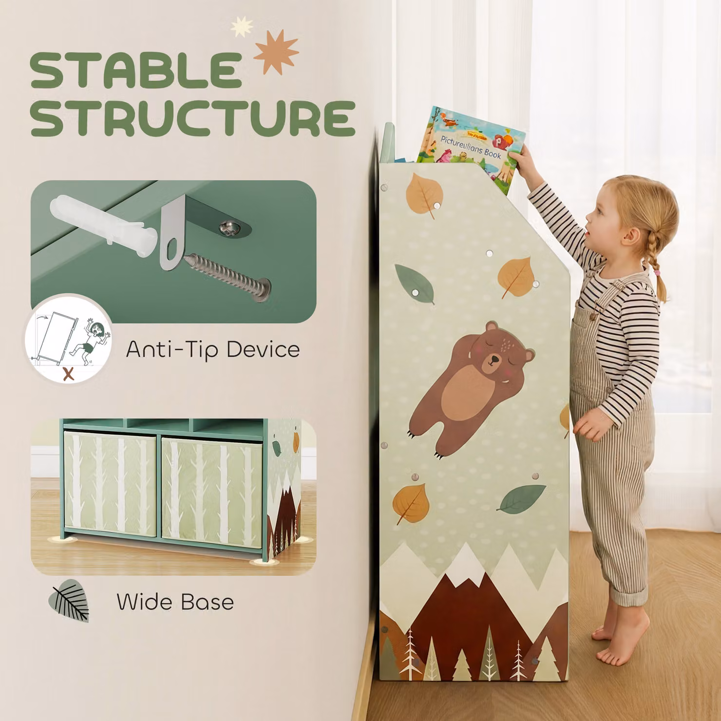 AIYAPLAY Kids Bookshelf and Toy Storage Unit with Book Display and Fabric Drawers, Green – 3