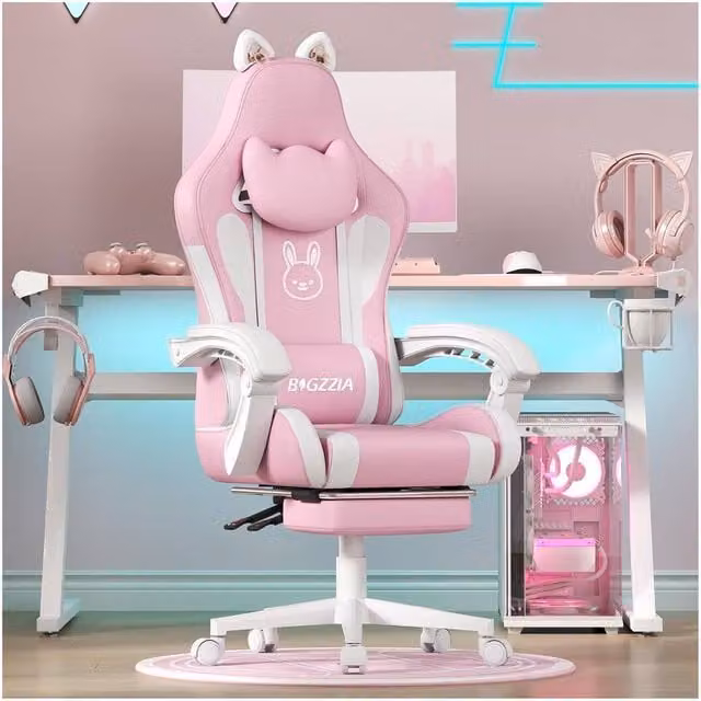 Gartistgo Gaming Chair with Cat Ears and Footrest in Pink with Faux Leather Finish