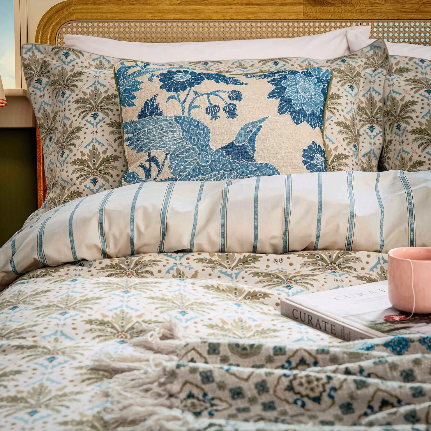 Joules Hidcote Floral Birds Square Cotton Cushion, Blue and Green, W x D: 45 x 45 cm – 2