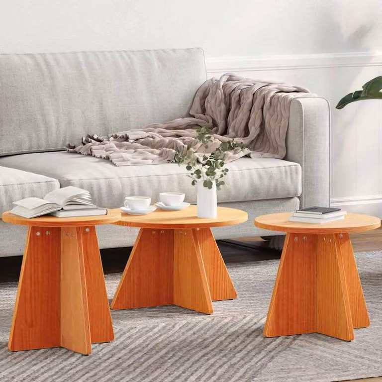 Berkfield Home 3-Piece Nesting Coffee Table Set in Waxed Brown Solid Pine Wood