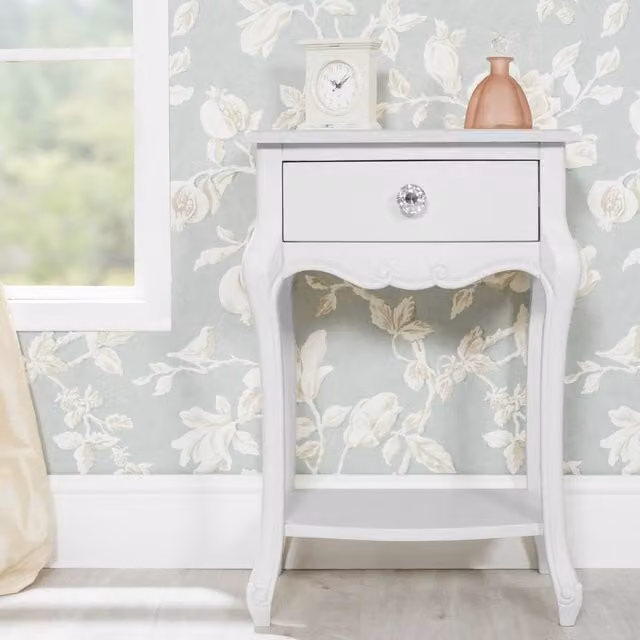 Statement Furniture Juliette Vintage Chic White Bedside Table with 1 Drawer and Crystal Handle W/D/H: 36 x 48 x 70 cm
