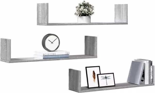 Berkfield Home Set of 3 Durable Wall Mounted Shelves in Grey Sonoma, W/D/H: 80 x 18 x 18 cm