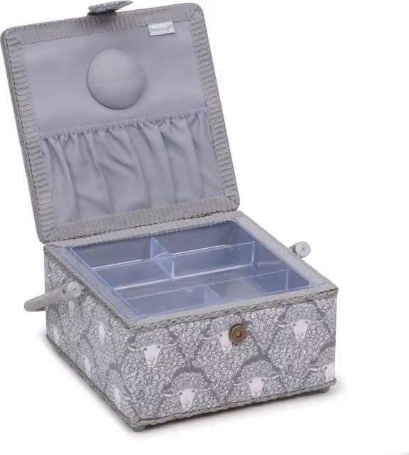 HobbyGift Square Sewing Box in Grey Sheep and Silver