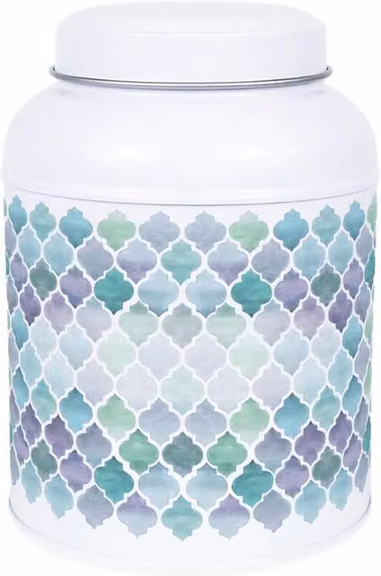 Purely Home Arabesque Tile Coffee Canister with Small Domed Lid in White and Multicolour Metal Kitchen Storage Tin