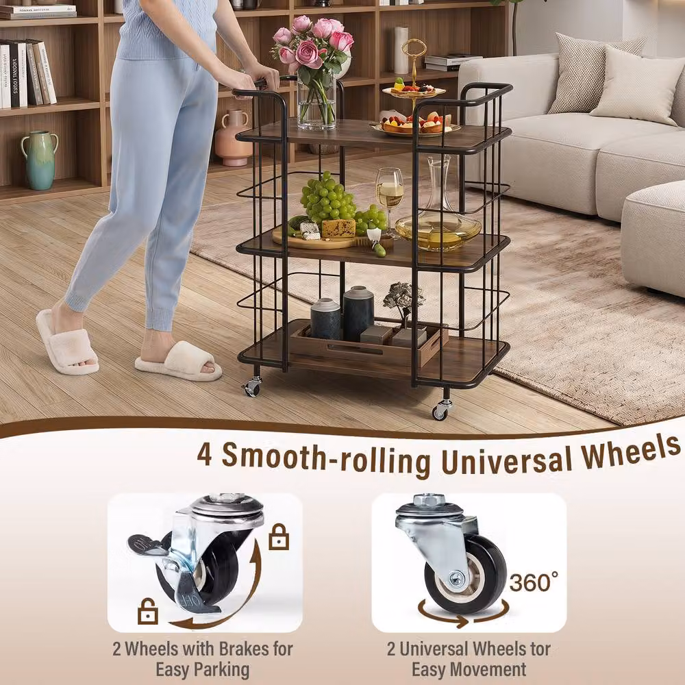 Costway 3 Tier Rolling Buffet Serving Bar Cart in Brown Industrial Metal – 5