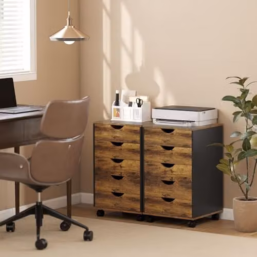 HOMCOM Rolling Vertical Filing Cabinet with Castors in Rustic Brown – 6