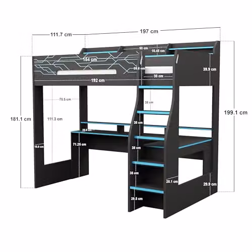 Flair Furnishings Ultimate Neon Single Gaming High Sleeper in Anthracite and Blue, W/D/H: 90 x 200 x 111.7 cm – 2