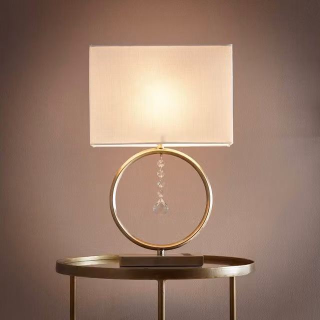 K LIVING Lizzy Antique Brass and Crystal Table Lamp with Beige Fabric Shade in Gold