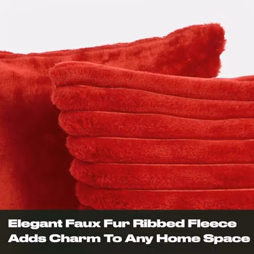 OHS Pack of 2 Ribbed Faux Fur Cushion Covers, Red, W/D/H: 45 x 45 x 45 cm – 2