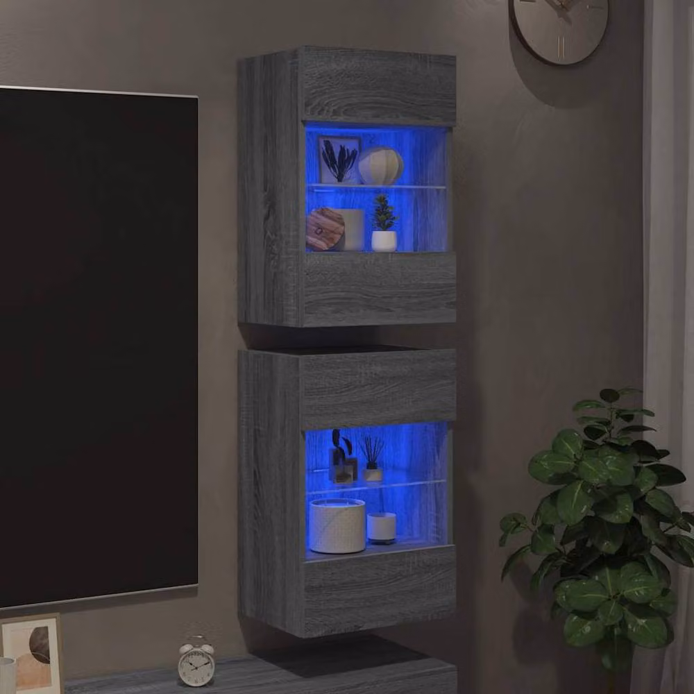 Berkfield Home Set of 2 Modern Wall Mounted TV Cabinets with Integrated LED Lighting and Glass Doors in Grey Sonoma, W: 40 cm, D: 30 cm, H: 60.5 cm – 3