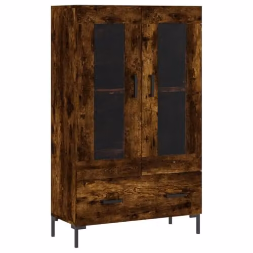 vidaXL Highboard in Smoked Oak with Glass Doors, H 115 x W 69.5 x D 31 cm