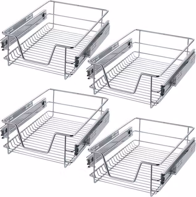 TECTAKE 4 Grey Metal Sliding Wire Baskets with Drawer Slides, 40 cm