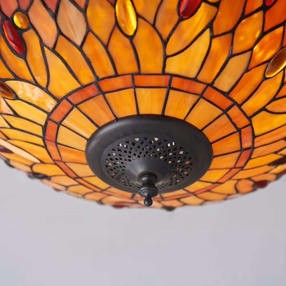 Loops Tiffany Glass Semi Flush Ceiling Light with Dragonfly Inverted Shade in Clear and Bronze – 2