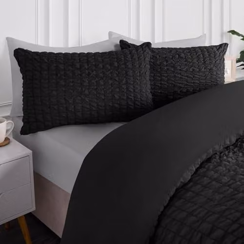 OHS Black Geometric Seersucker King Size Duvet Cover Set with Matching Pillowcases – 2