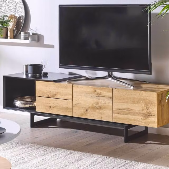 Wyld and Coco Industrial TV Stand for up to 70 inch TVs, Light Brown Wood and Black Metal, Width: 160 cm – 1
