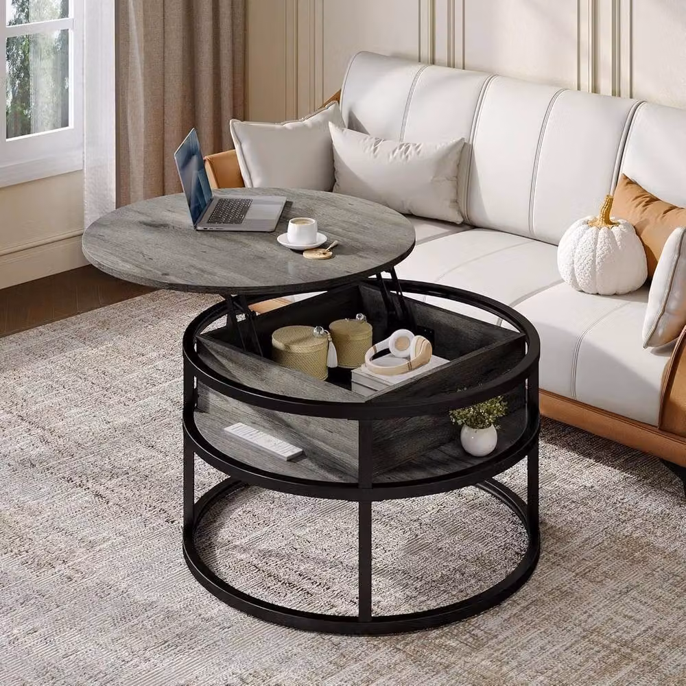 FORGEVIO Round Lift Top Coffee Table with Industrial Metal and Wood Design in Grey and Multicolour – 5