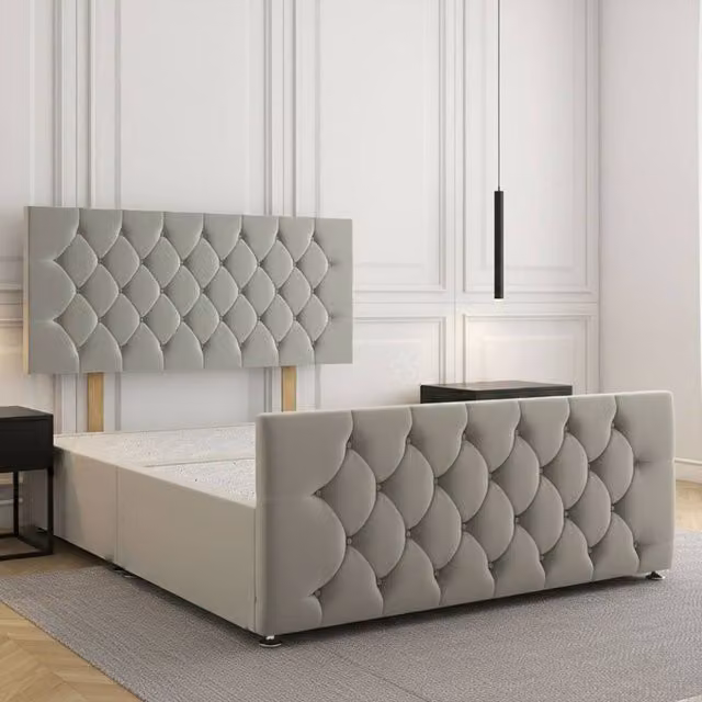 Regional Furnishings Silver Velvet Plush Divan Bed with 24 inch Headboard and 20 inch Footboard, W/D/H: 90 x 200 cm, Single Size