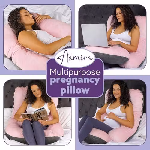 Aamira J Shaped Pregnancy Pillow in Pink and Grey Velvet with Shredded Memory Foam, W/D/H: 140 x 70 x 20 cm – 7