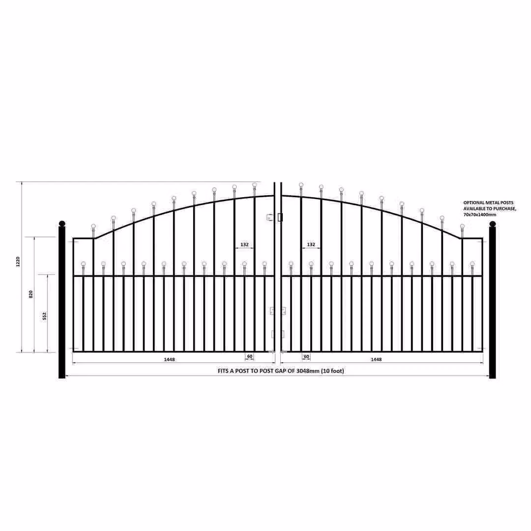 Burbage Iron Craft Manor Ball Top Arched Double Driveway Swing Gate in Black, W: 304.8 cm, H: 122.0 cm – 2