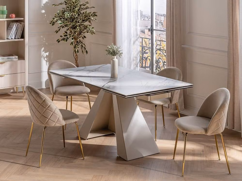 Vente-unique Modern Rectangular Extendable Dining Table with Ceramic Top and Metal Base in Beige and White, W/D/H: 220 x 90 x 76 cm – 3