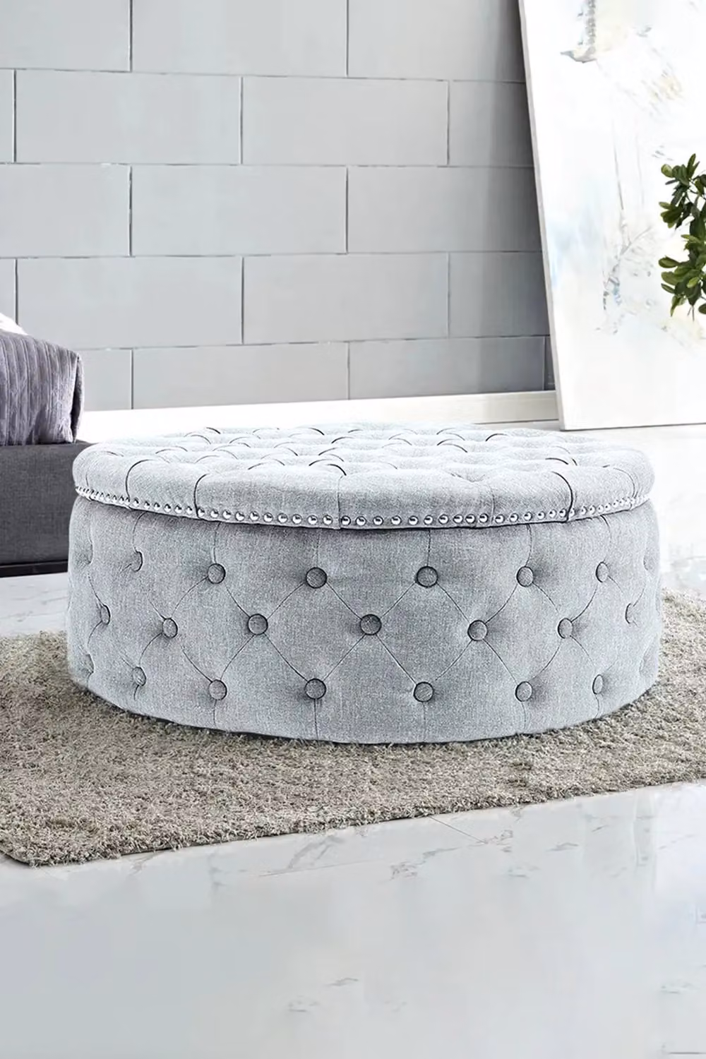 Living and Home Tufted Round Cylindrical Cocktail Footstool in Grey – 2