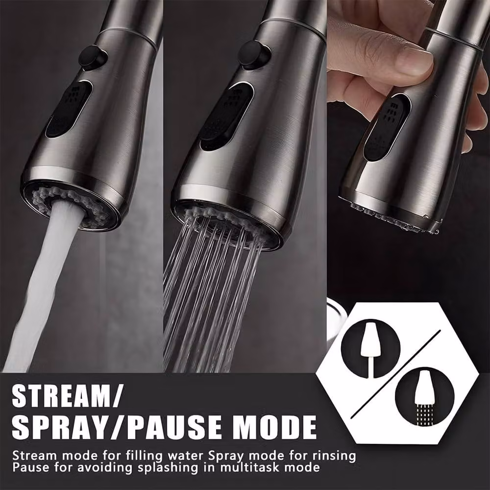 Heable Brushed Nickel Single Lever High Arc Kitchen Tap with Pull-Down Sprayer in Silver – 2