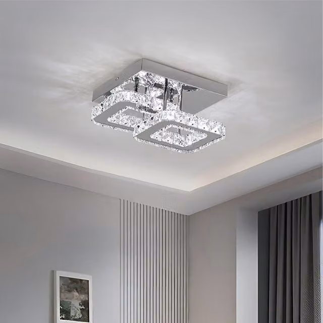 Komore Square Crystal LED Ceiling Light with Chrome Finish in Silver, Diameter: 24 cm
