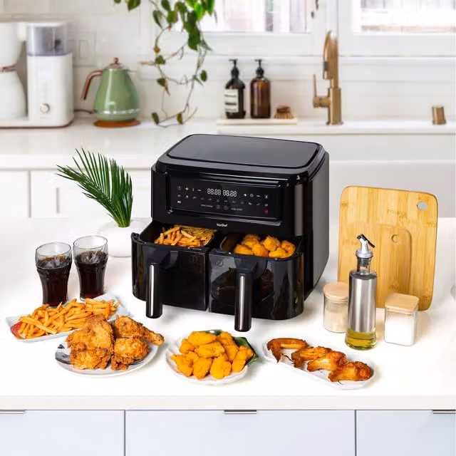 VonShef Dual Zone 9L Air Fryer with Digital Display and Silicone Liners, Black
