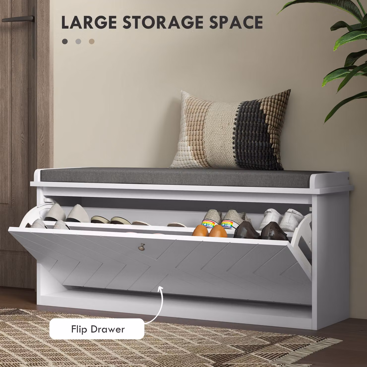 HOMCOM Upholstered Shoe Storage Bench with Flip Drawer and Adjustable Shelf in White – 3