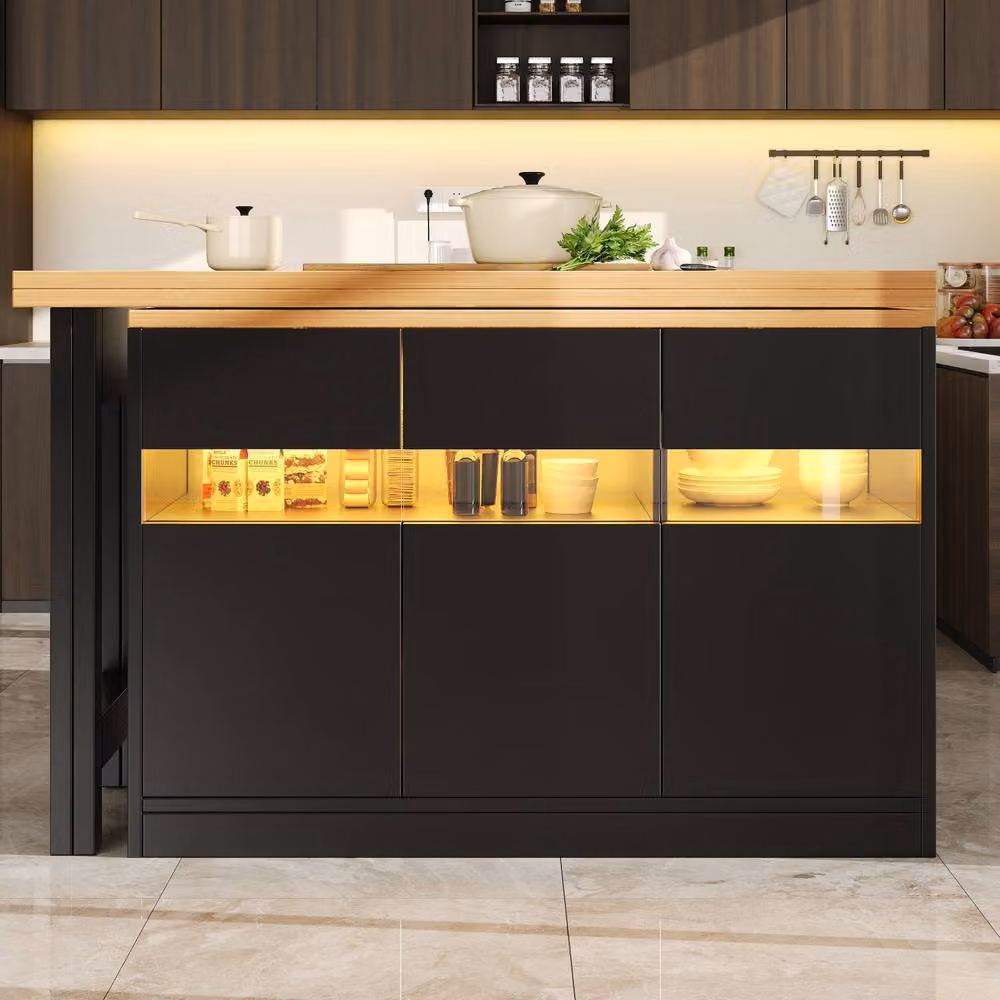 ModernLuxe Extendable Bar Table with LEDs and 3 Doors in Matt Black MDF and Glass, H 71.5 cm x W 46 cm x D 40 cm – 4