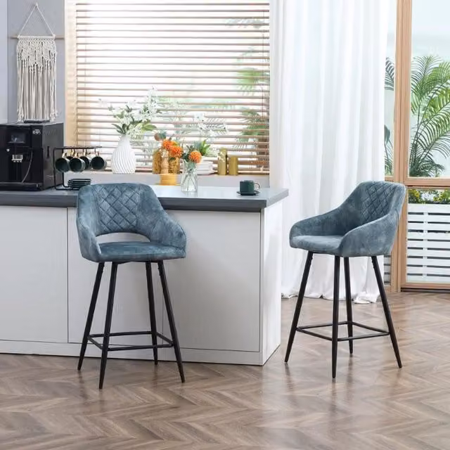 Chilli Seating Set of 2 Blue Velvet Armless Button-Tufted Bar Chairs